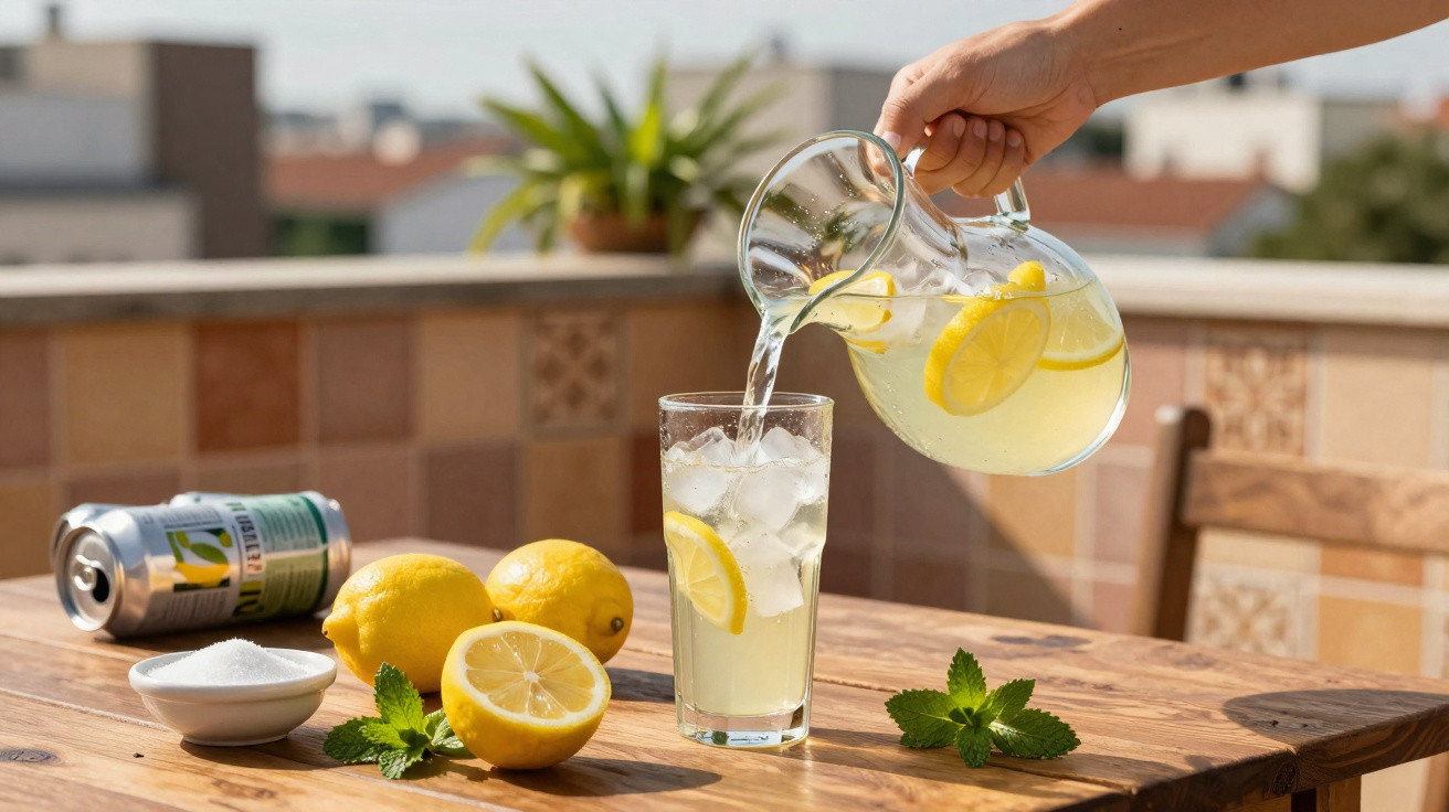 Mão servindo limonada com fatias de limão em copo com gelo, limões e hortelã sobre mesa de madeira.