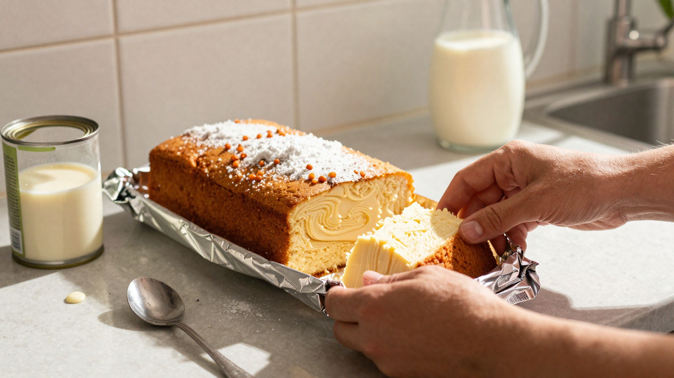 Bolo de doce de leite com cobertura de açúcar, em cima de papel alumínio, mãos cortando a fatia.