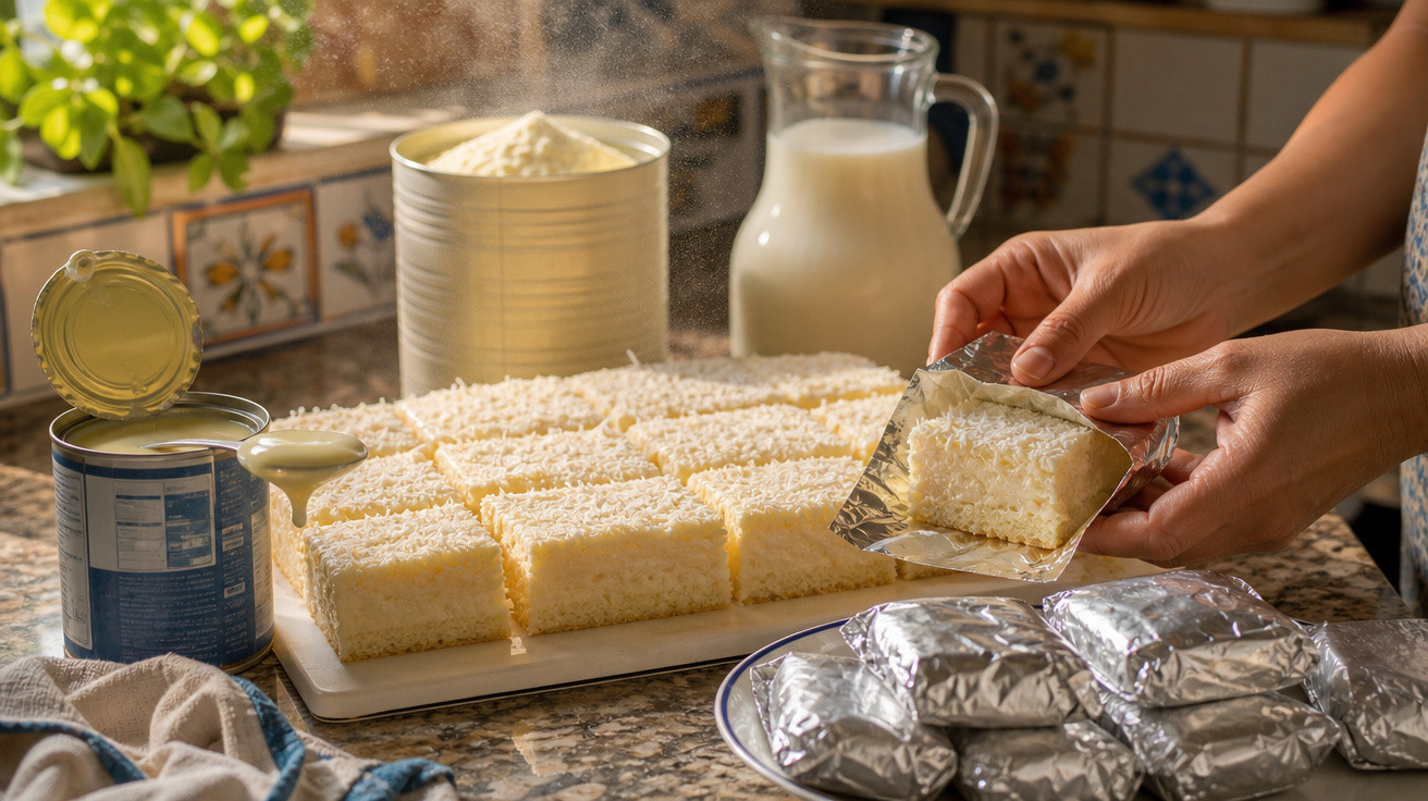 Mãos embalando pedaço de bolo de coco ao lado de bolo cortado, leite condensado e leite na cozinha.