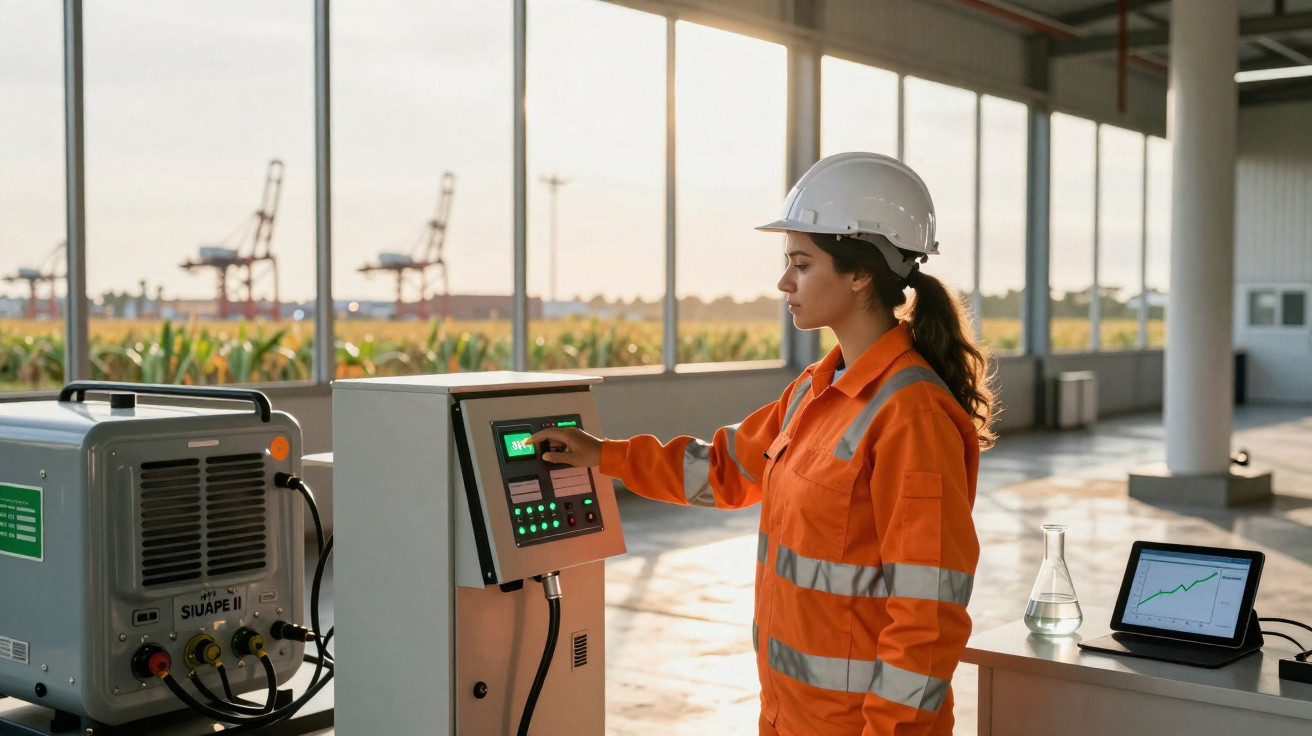 Mulher com capacete e uniforme laranja operando painel de controle em ambiente industrial.