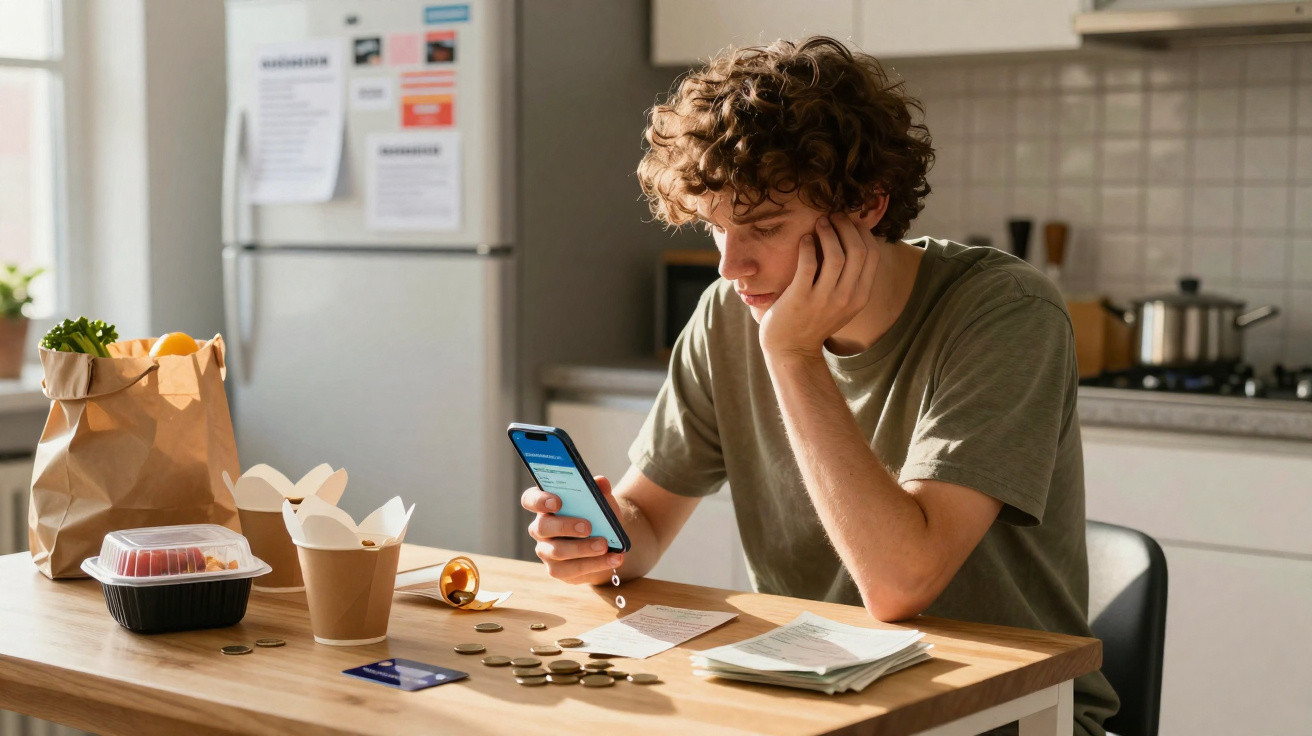 Jovem preocupado sentado à mesa, olhando para o celular, com moedas, recibos e cartão na frente na cozinha.