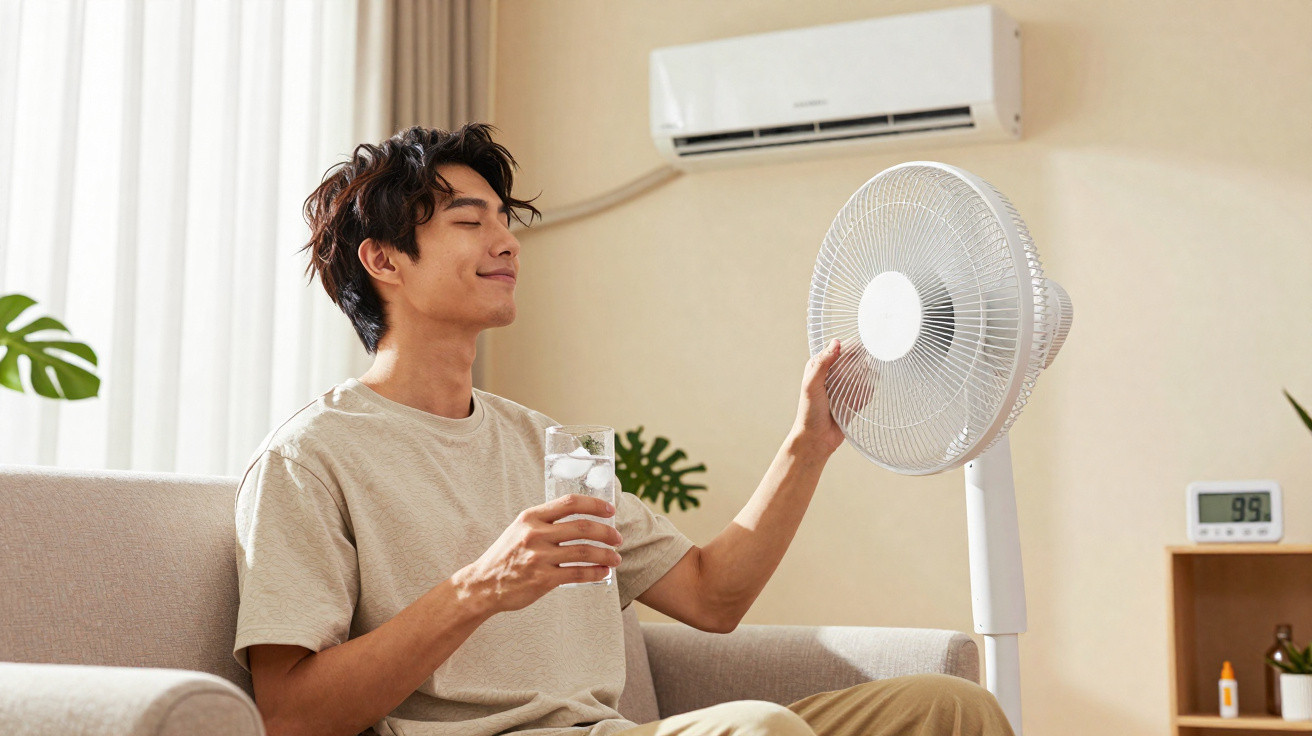 Homem sentado no sofá com copo de água gelada ajusta ventilador em sala com ar-condicionado.