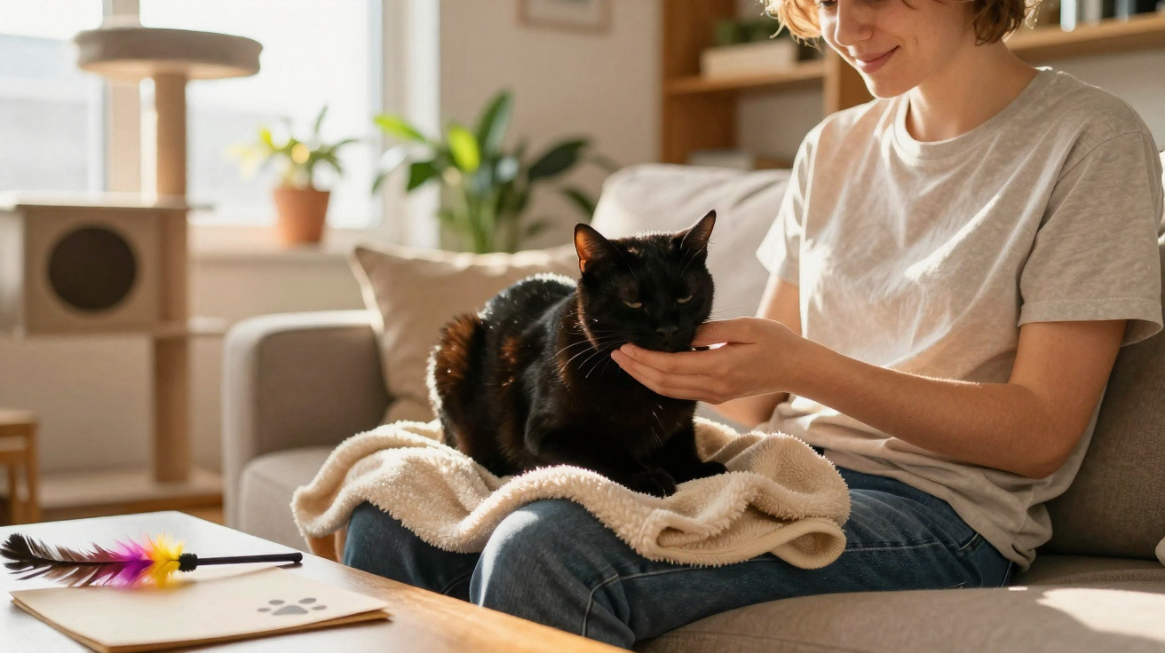 Mulher acariciando gato preto no colo, sentada em sofá com manta em sala iluminada.