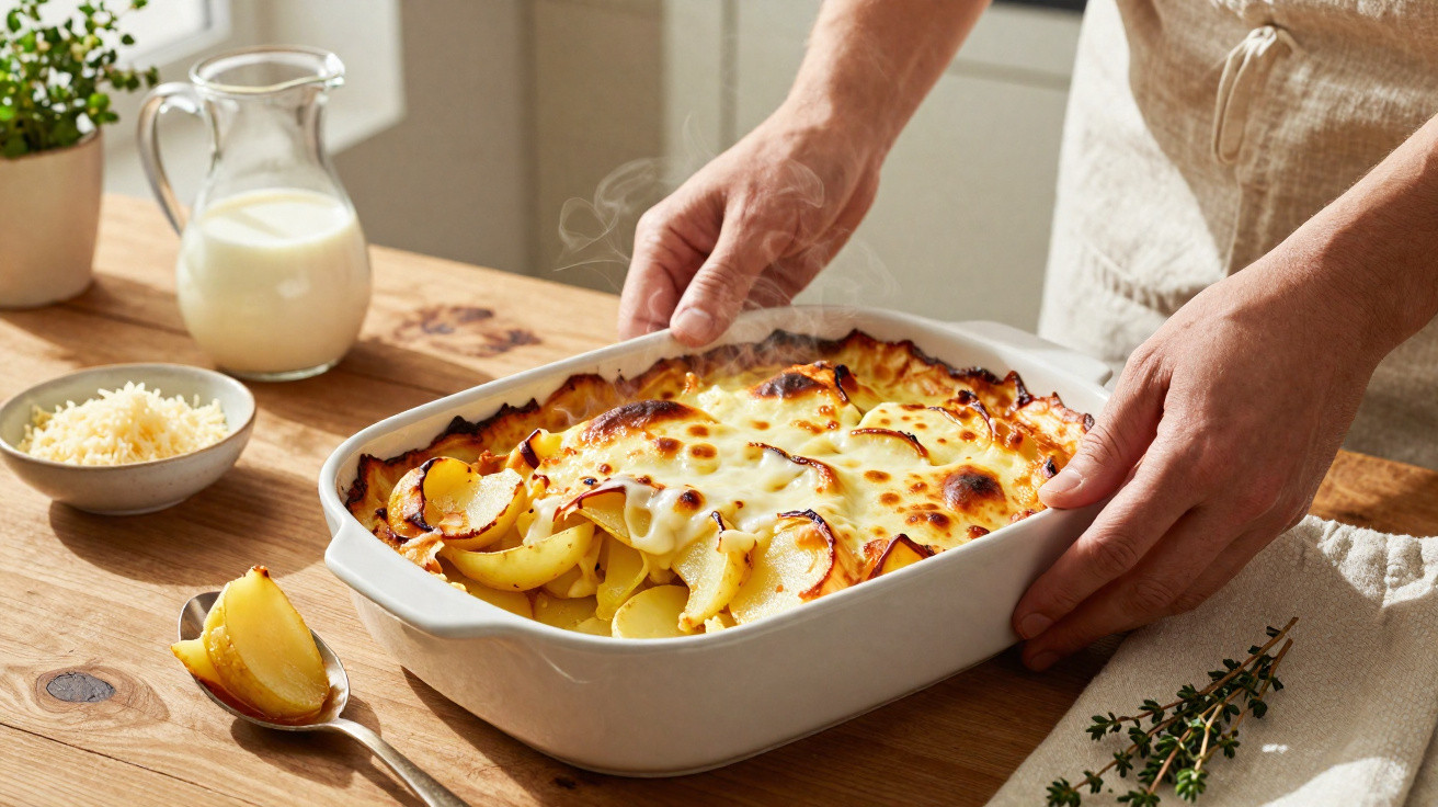 Gratinado de batatas com queijo derretido em refratário branco sendo colocado sobre mesa de madeira.