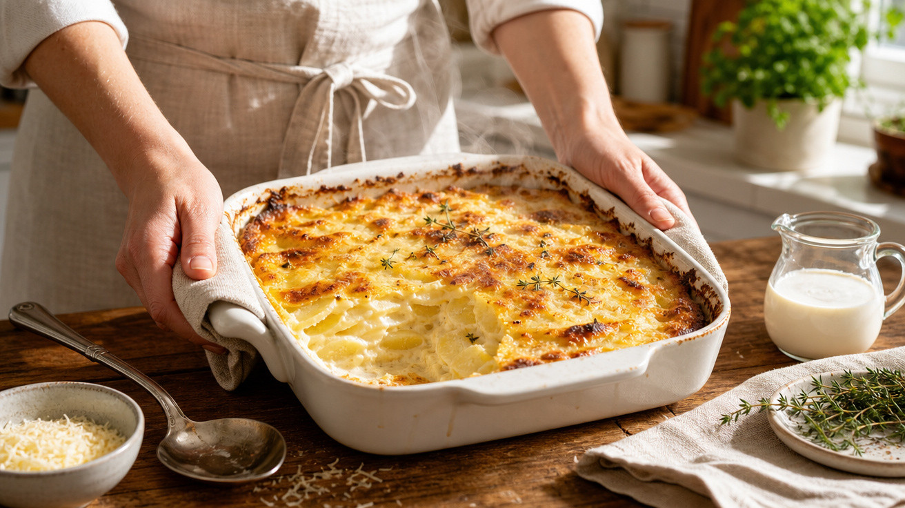 Pessoa segurando travessa com gratinado de batatas, ao lado de queijo ralado, molho branco e ervas frescas.