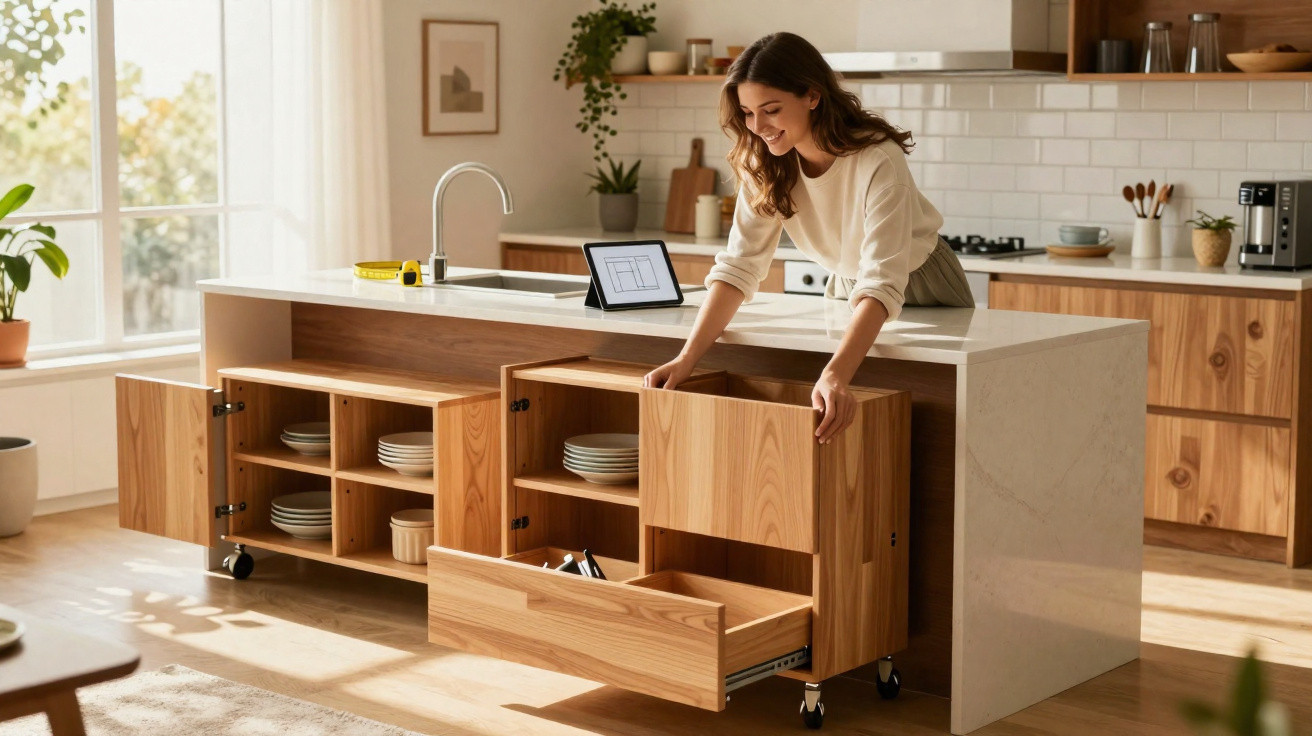 Mulher abrindo armário de madeira e organizando pratos em cozinha moderna iluminada.