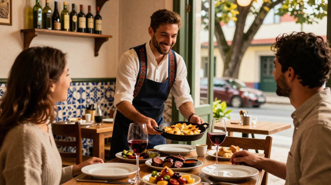 Garçom servindo prato quente para casal em restaurante acolhedor com vinho e decoração tradicional.