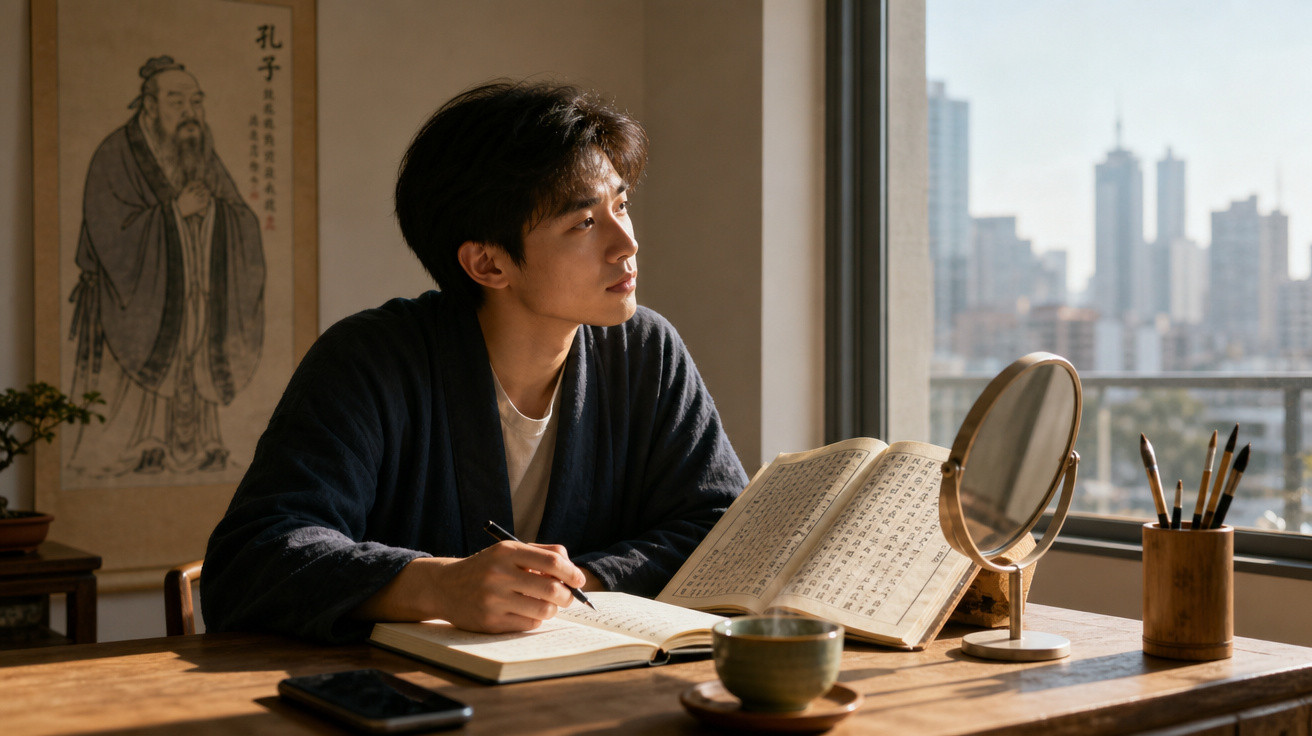 Homem asiático estudando caligrafia chinesa em mesa com livros e pincéis, ao lado de janela com vista urbana.