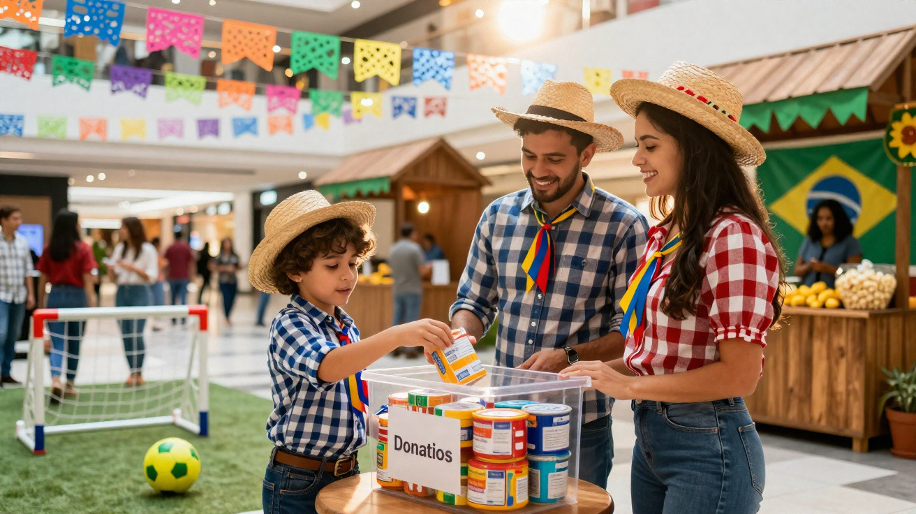 Família com roupas caipiras arrecada alimentos em caixa de doações durante festa junina decorada.