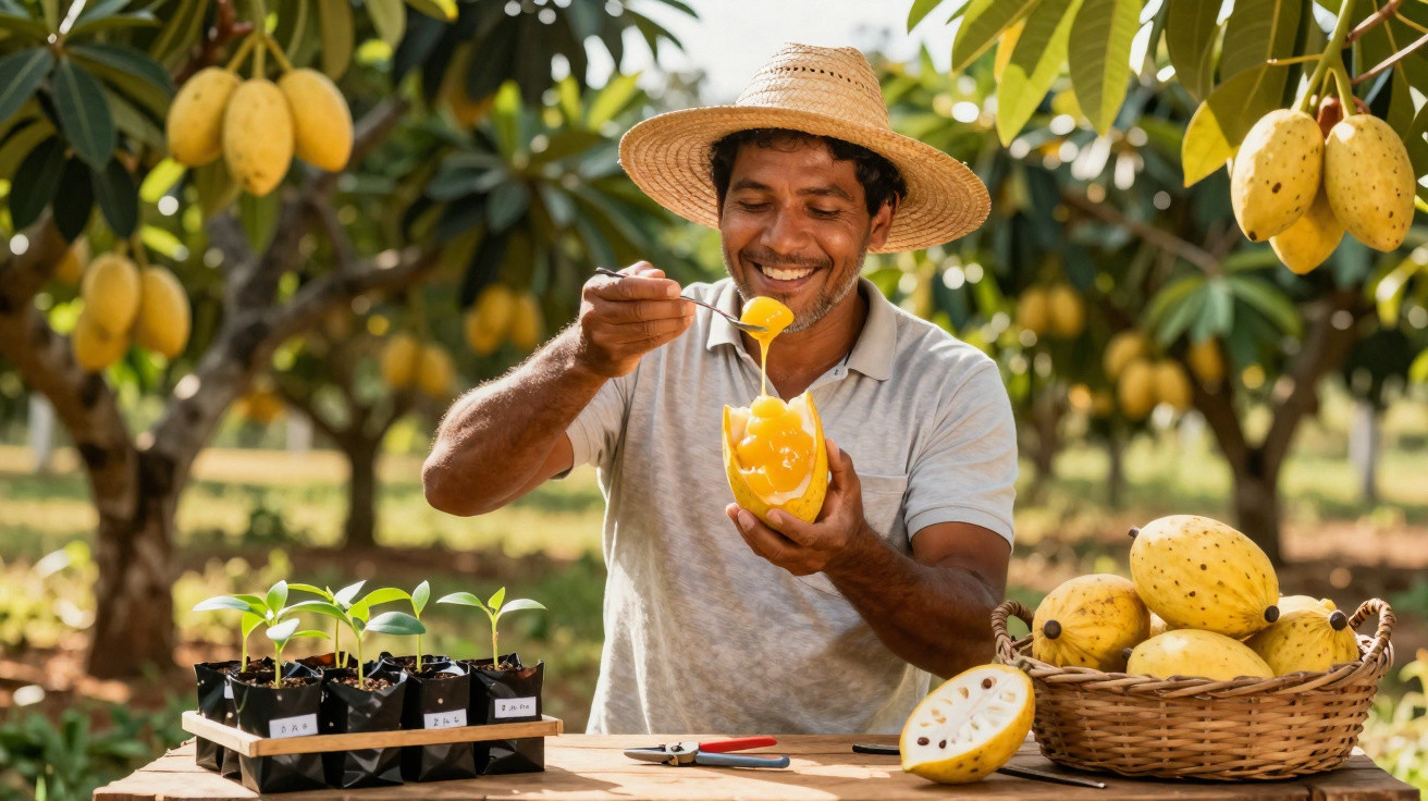 Homem sorridente com chapéu colhendo e provando fruta amarela em pomar ensolarado.