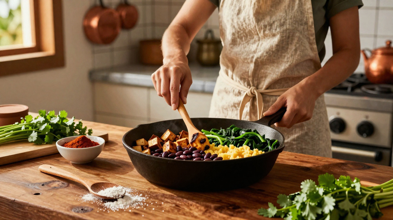 Pessoa mexendo ingredientes em frigideira grande, com feijão, ovos mexidos, tofu e legumes na cozinha.