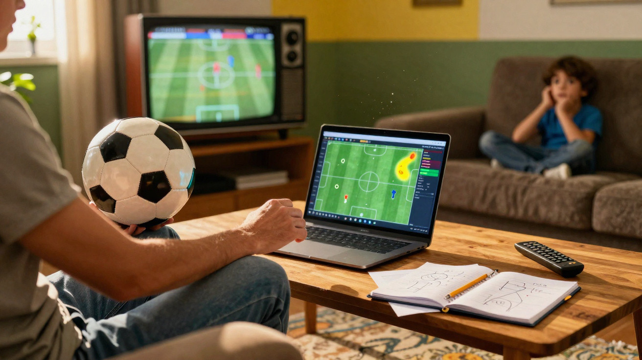 Pessoa segura bola de futebol enquanto acompanha jogo na televisão e no laptop, criança observa no sofá ao fundo.
