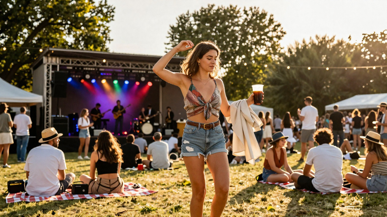 Mulher dança com copo na mão em festival ao ar livre com banda tocando e pessoas sentadas na grama.