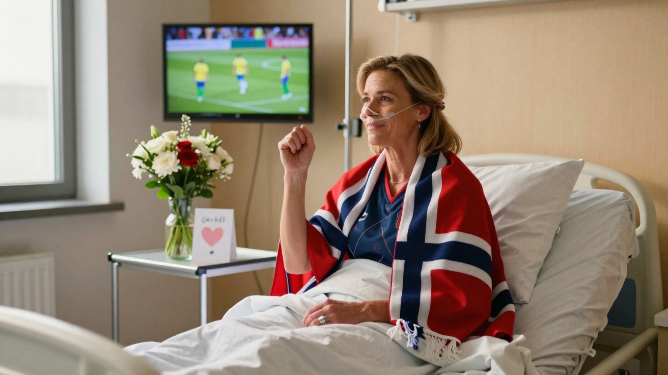 Mulher na cama de hospital com máscara de oxigênio e bandeira da Noruega assiste futebol na TV.