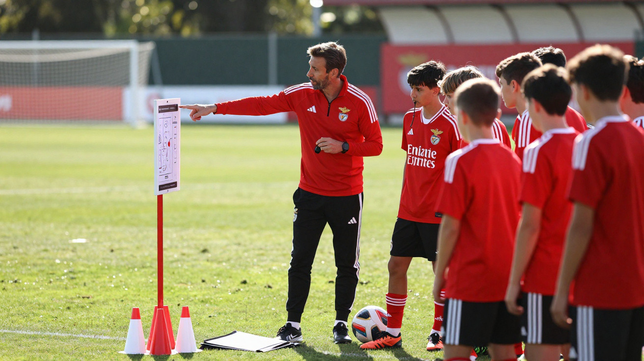 Treinador de futebol infantil explica tática a crianças uniformizadas durante treino ao ar livre no campo.