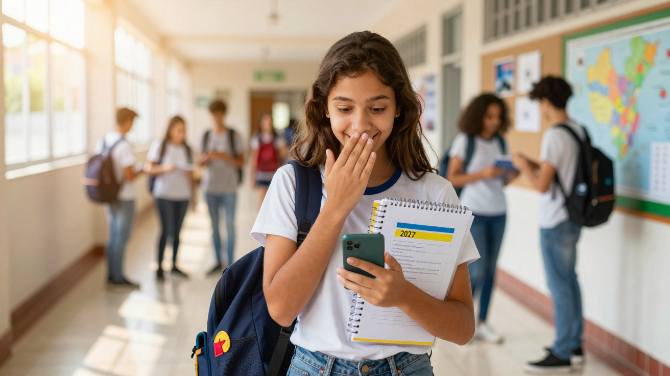 Adolescente sorrindo ao olhar celular no corredor da escola com colegas ao fundo.