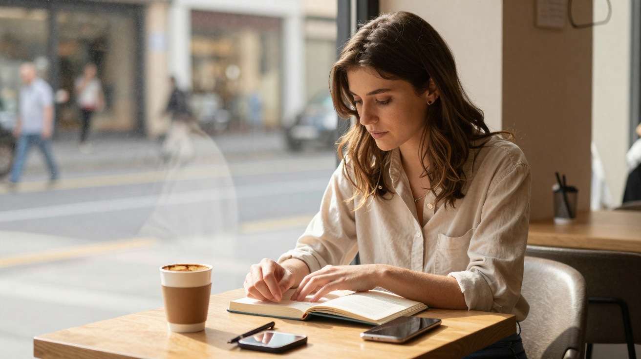 Mulher sentada em cafeteria lendo livro com café e celular na mesa à sua frente.