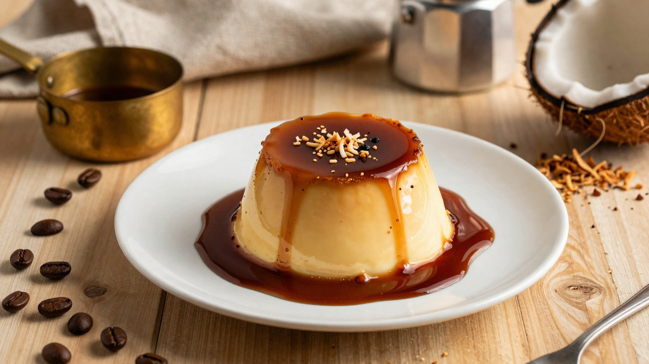 Pudim de leite com calda caramelizada e coco ralado em prato branco sobre mesa de madeira.