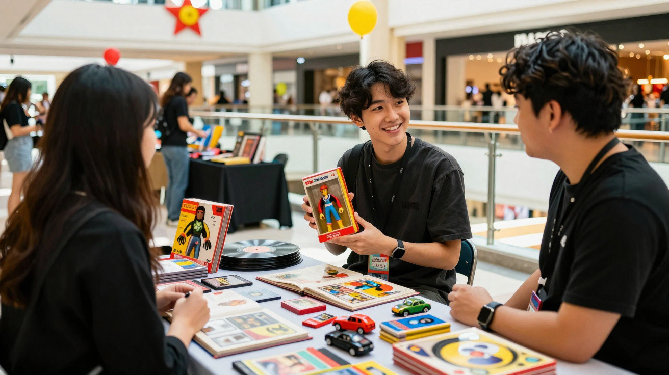 Três jovens sentados em mesa de exposição com brinquedos e livros em evento interno de shopping.