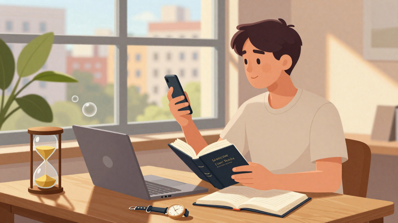 Jovem sentado à mesa lendo livro, usando celular, com laptop, relógio e ampulheta ao redor.