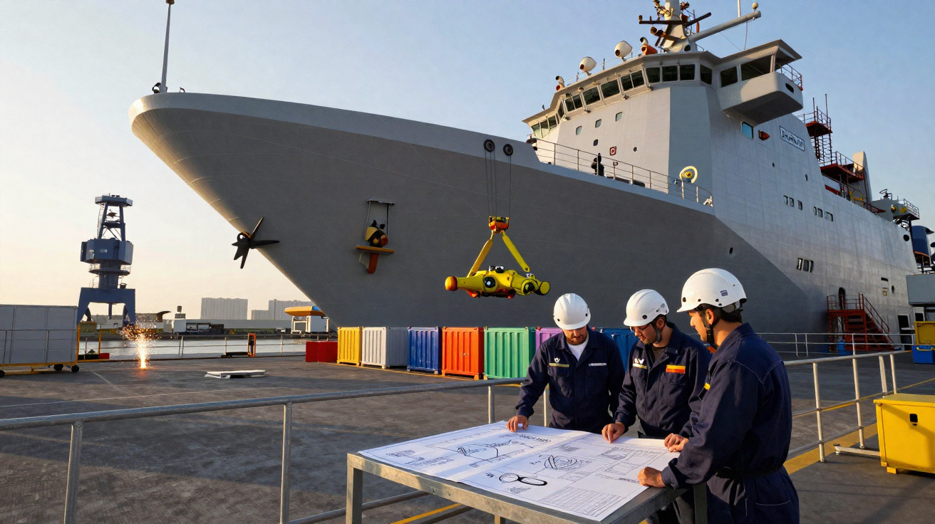 Três trabalhadores com capacetes analisam plantas ao lado de um grande navio militar no cais.