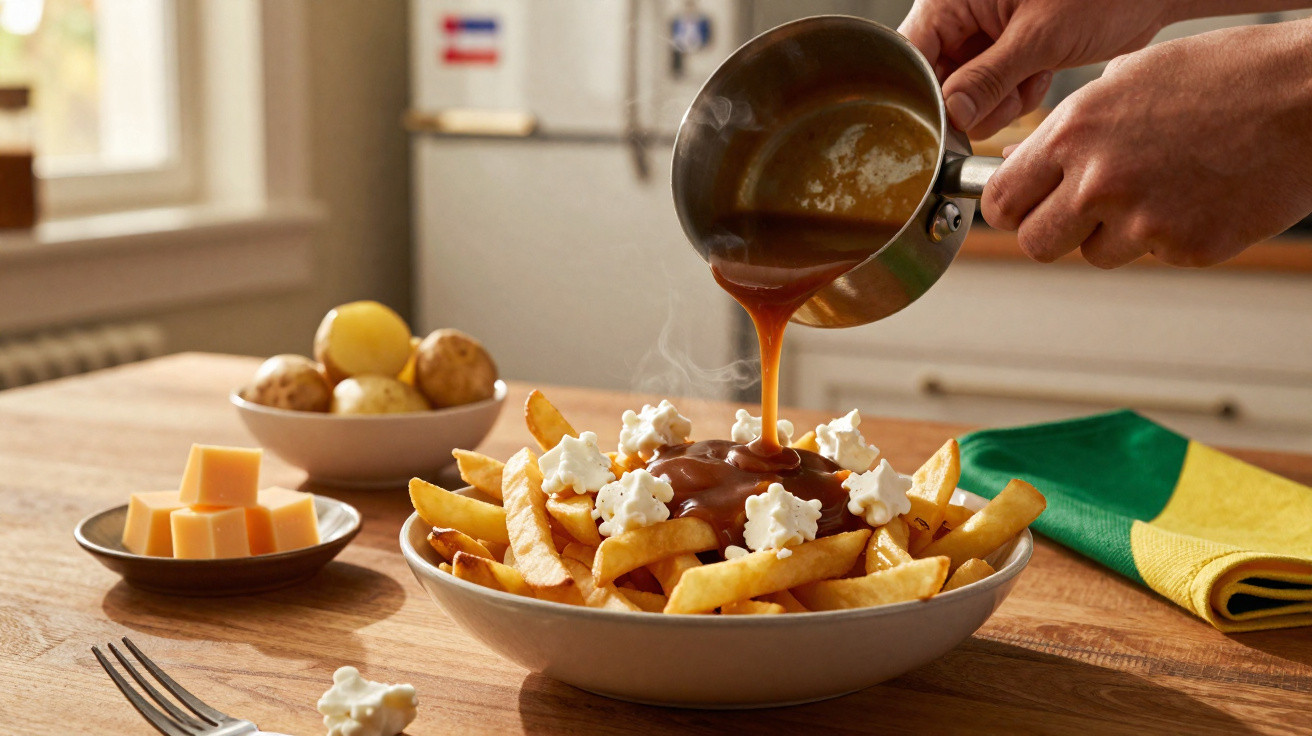 Prato com batatas fritas cobertas com molho quente e queijo cottage sendo servido em cozinha iluminada.