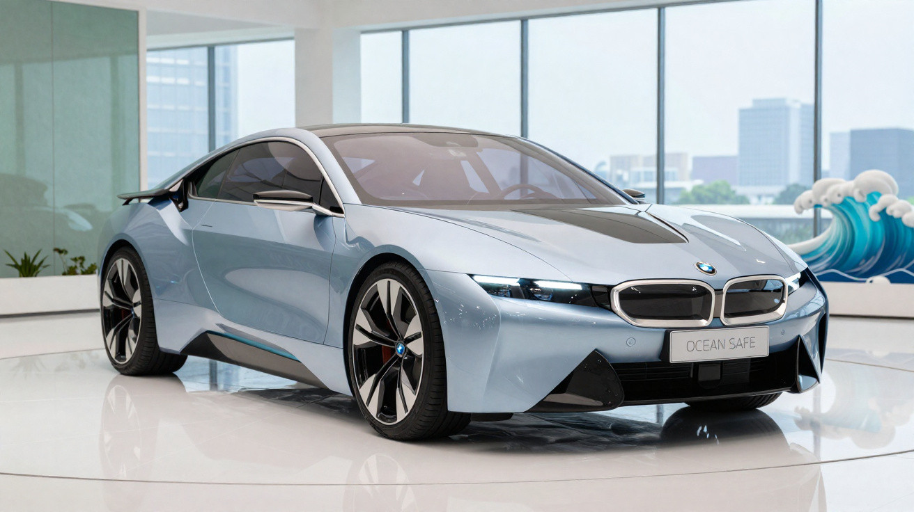 Carro esportivo BMW conceito Ocean Safe prata, em exposição interna com fundo de janelas e decoração marítima.