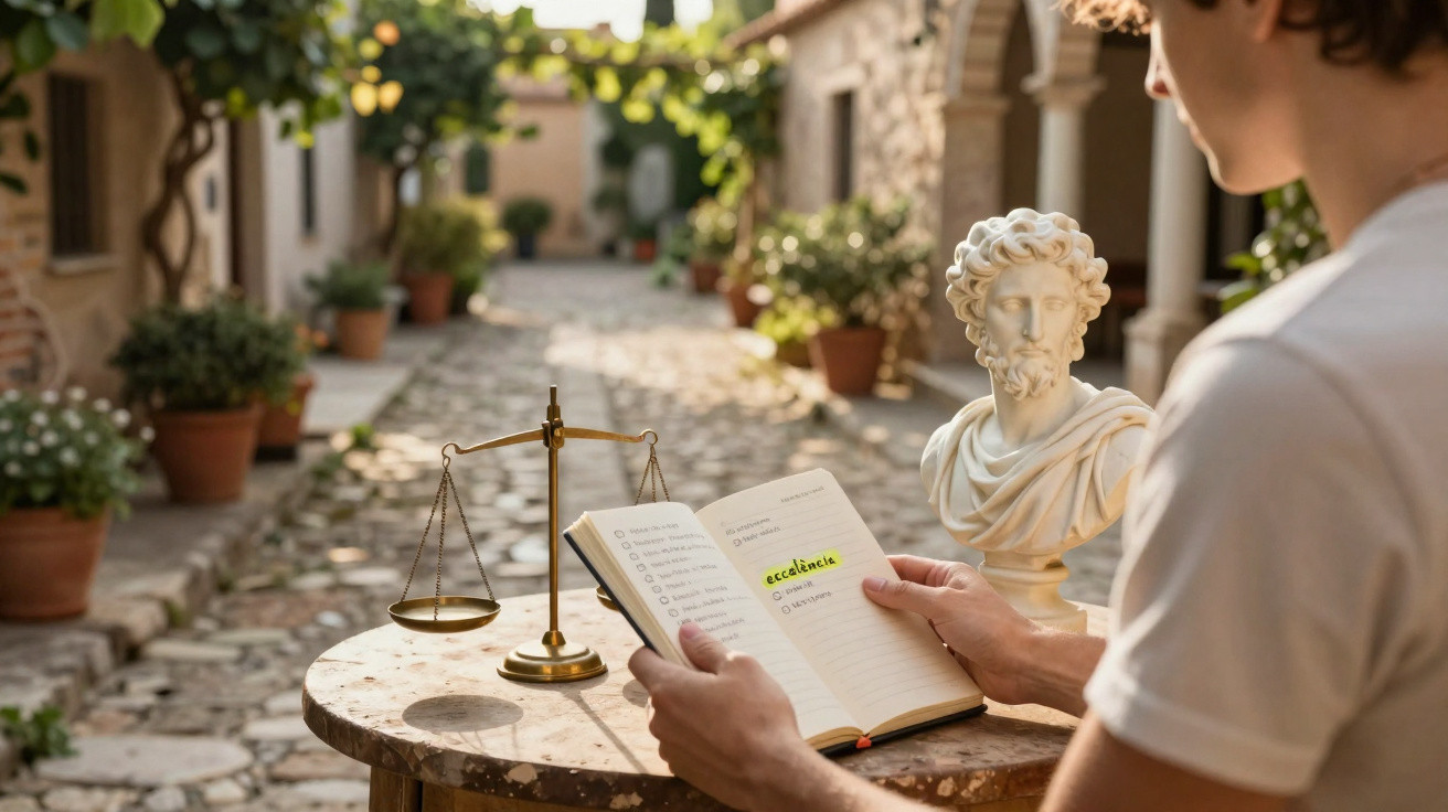 Pessoa lendo caderno com palavra “excelência” em destaque, estátua e balança sobre mesa ao ar livre.