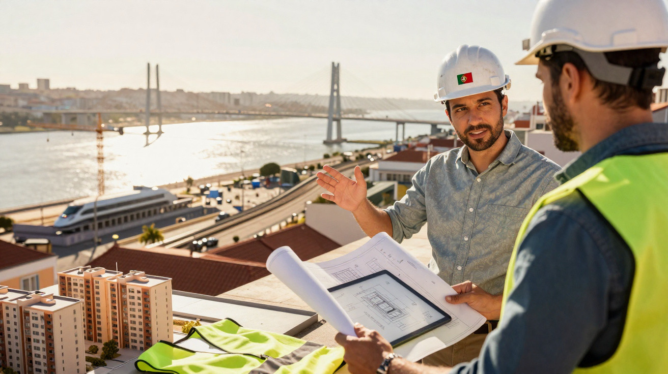 Dois engenheiros com capacetes discutem projetos em construção com vista para rio e ponte ao fundo.