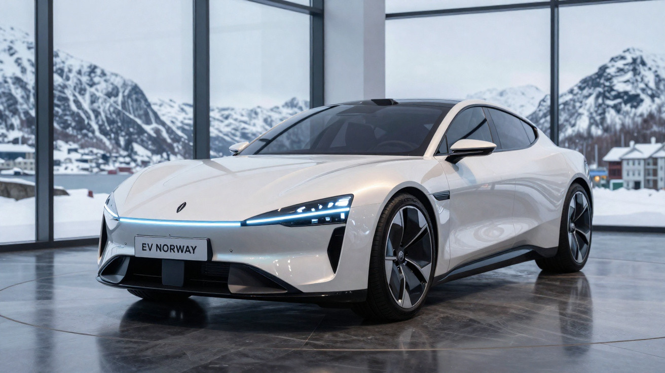Carro elétrico branco moderno em showroom com janelas grandes e paisagem de montanhas e neve ao fundo.