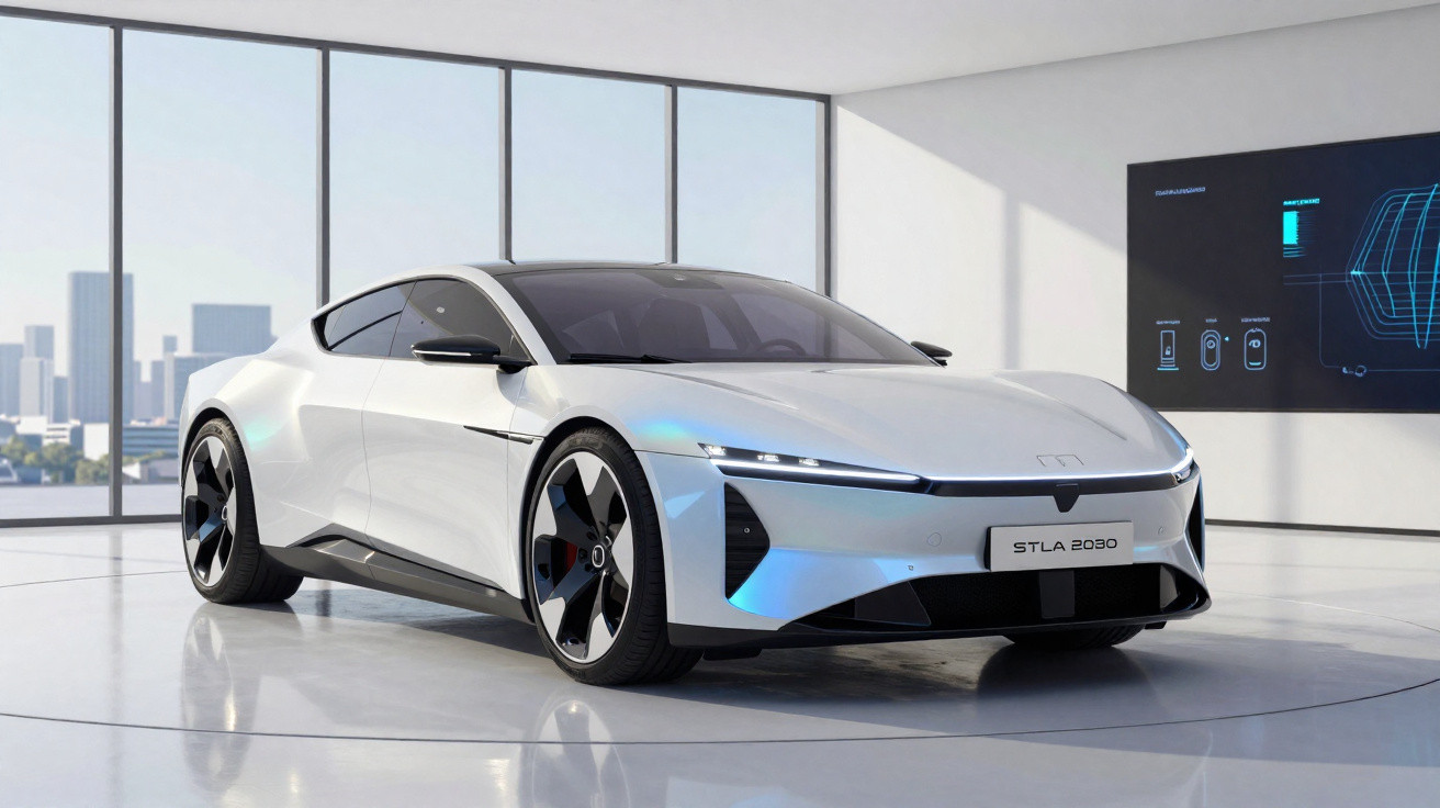 Carro esportivo elétrico branco modelo STLA 2020 em ambiente interno moderno com janelas amplas.