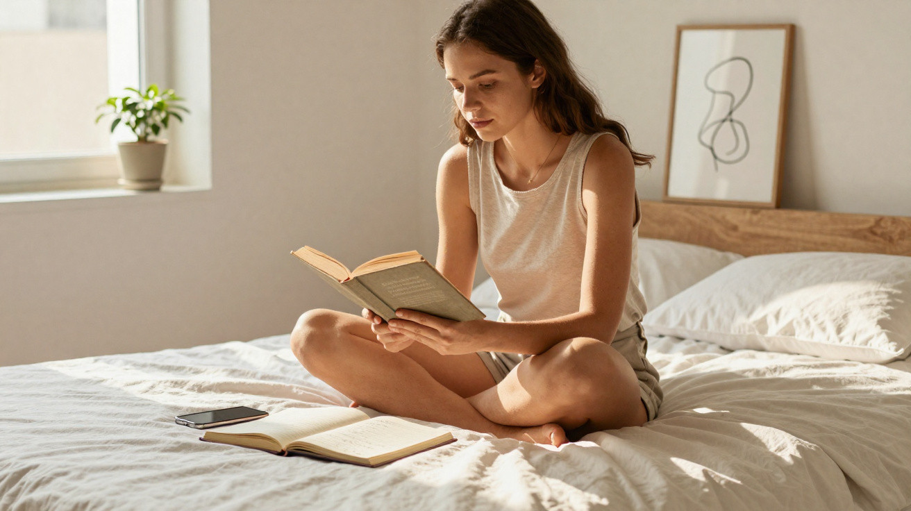 Mulher sentada na cama lendo livro, com caderno e celular ao lado, em quarto iluminado pela janela.