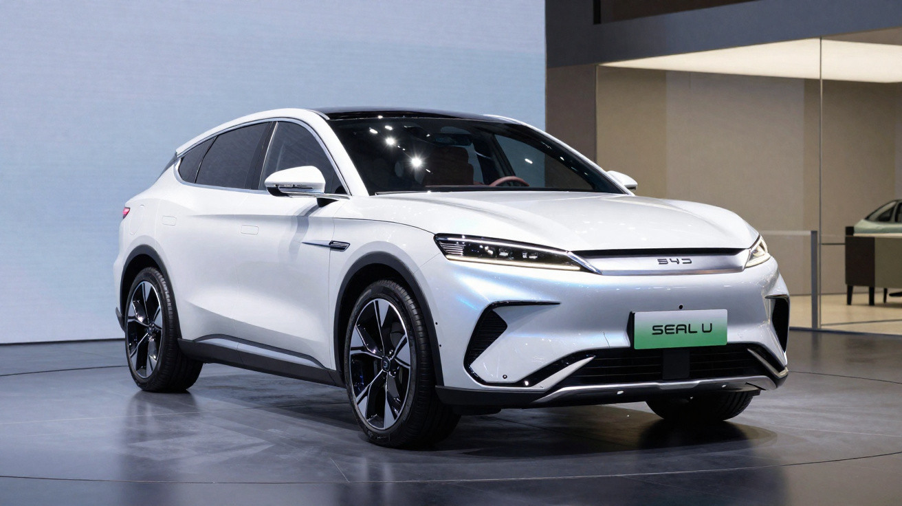 Carro elétrico branco BYD Seal U exibido em ambiente interno moderno com iluminação suave.