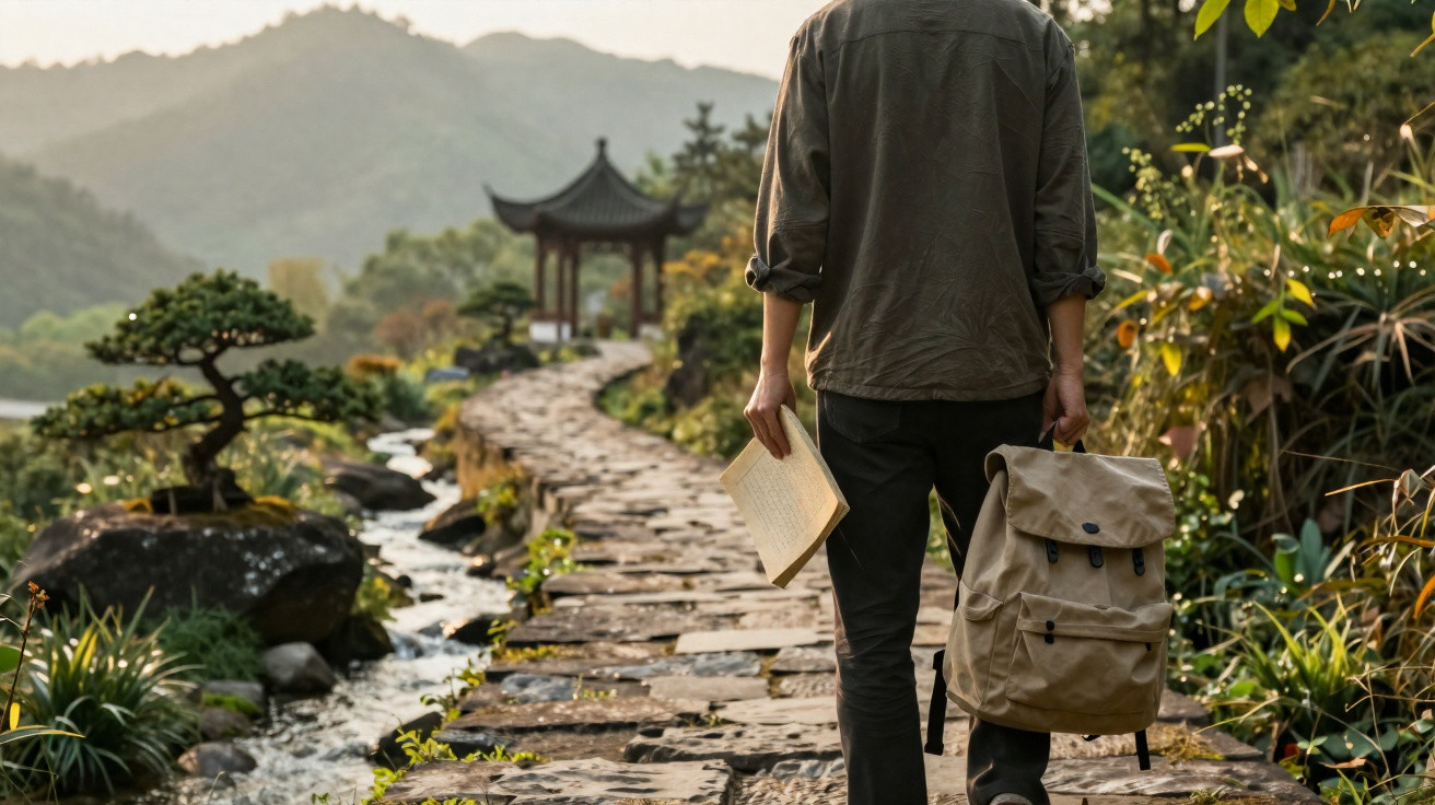 Pessoa caminhando em caminho de pedras cercado por vegetação, segurando mochila e papel, com pagode ao fundo.