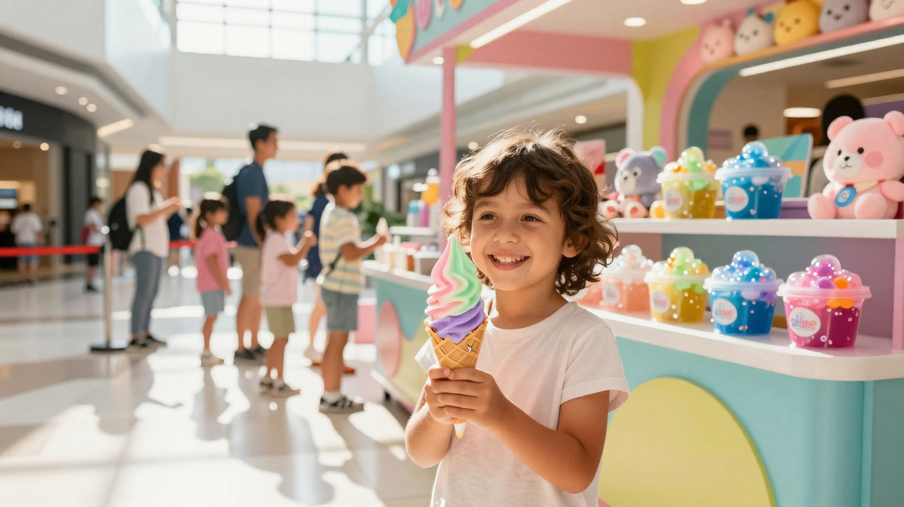 Criança sorrindo segurando sorvete colorido em quiosque de doces em shopping, com outras crianças ao fundo.