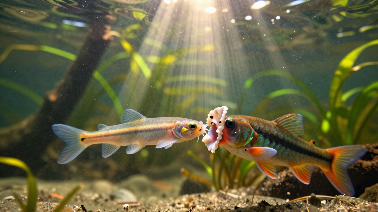 Dois peixes em água doce, um com objeto branco na boca, com plantas aquáticas ao fundo e luz solar entrando.
