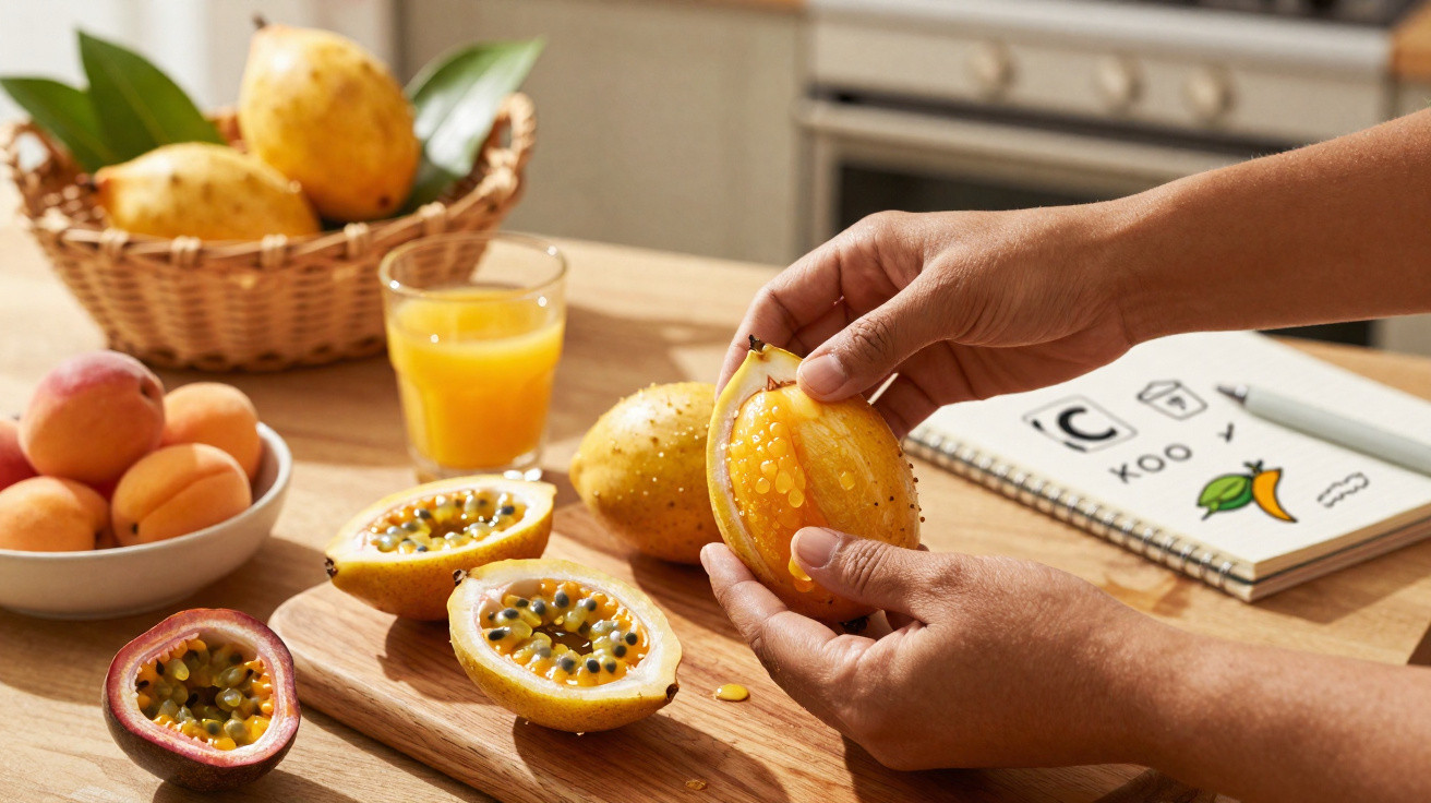 Mãos abrindo maracujá amarelo com polpa e sementes, frutas e suco sobre mesa de madeira na cozinha.