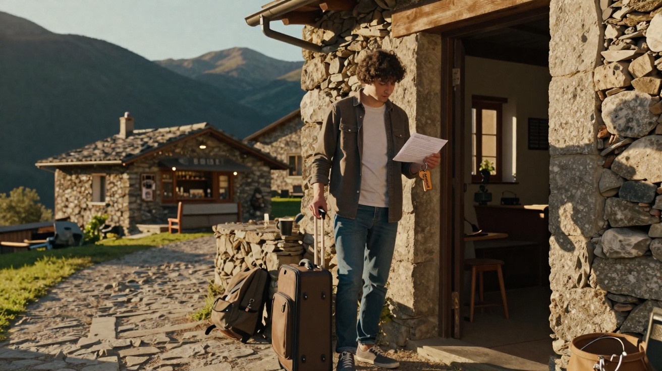 Jovem com mala e mochila lê papel na entrada de pedra de casa em área rural montanhosa ao entardecer.