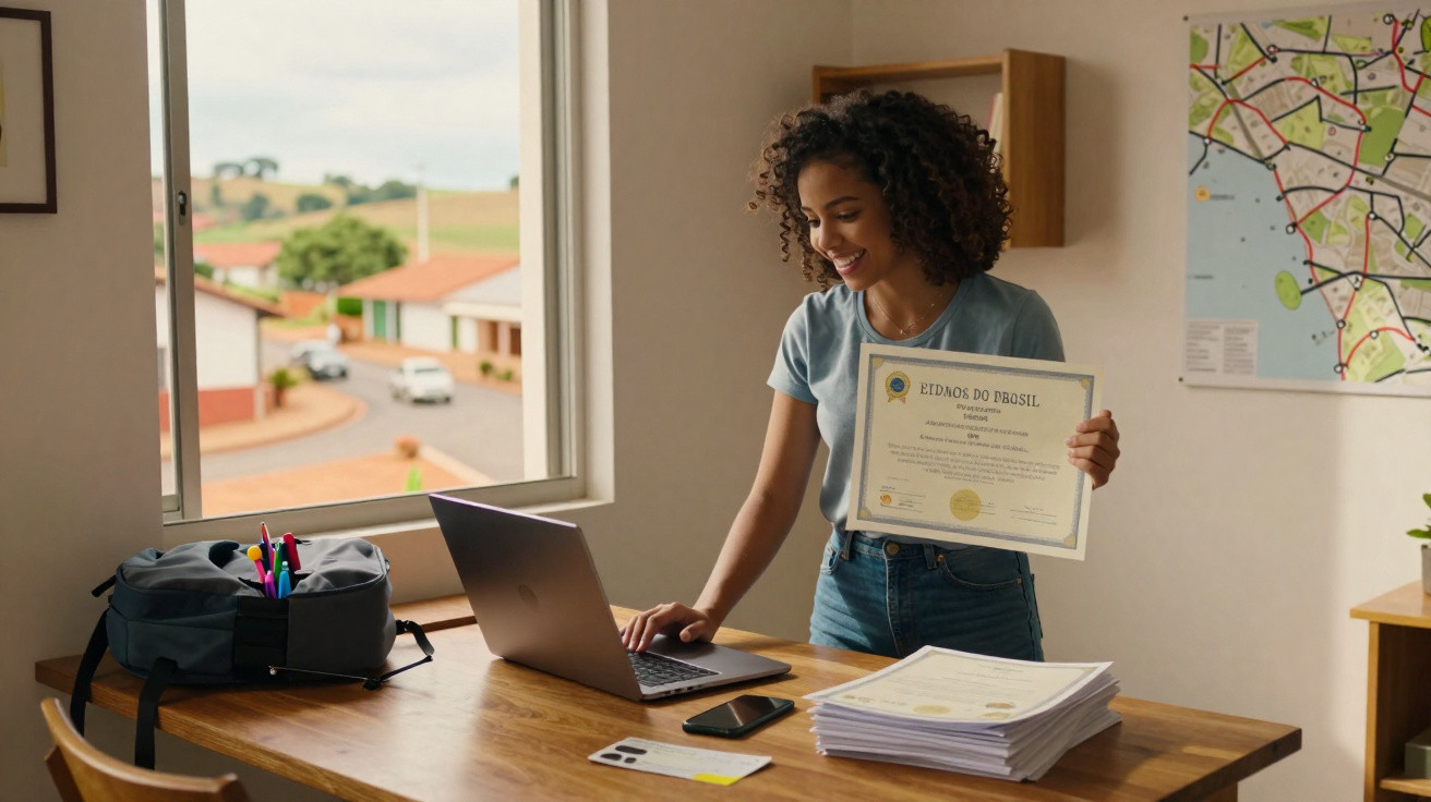 Jovem sorridente segura certidão enquanto está em pé perto de mesa com laptop e papéis em sala iluminada.