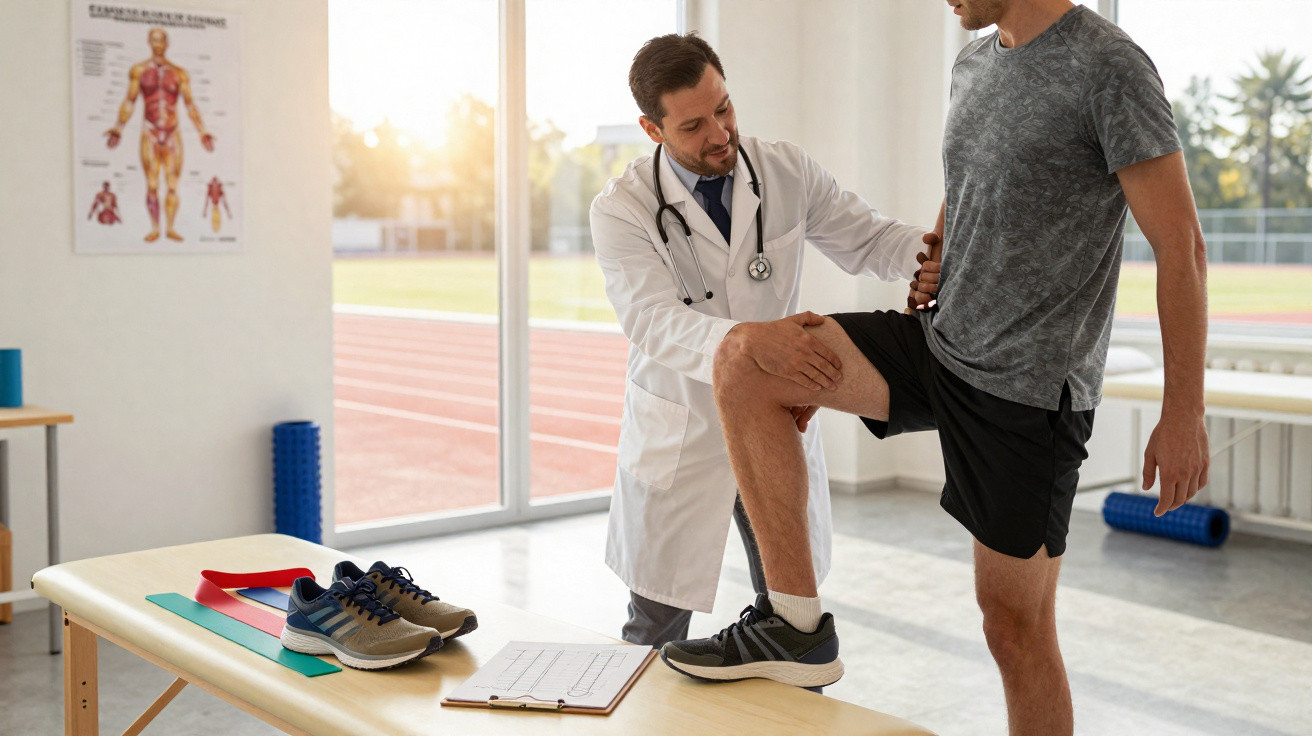 Médico avaliando o joelho de um paciente em ambiente clínico com janela para pista de corrida.