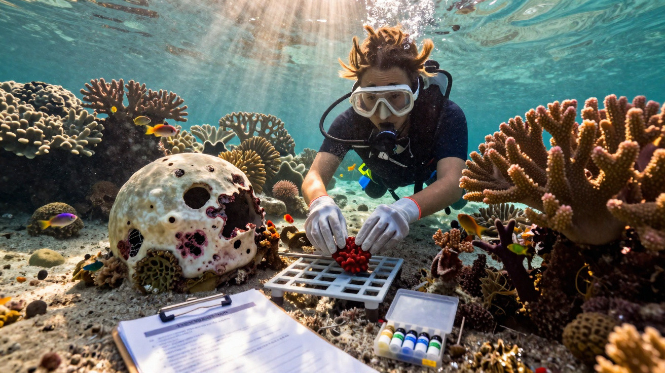 Mergulhador realizando estudo de corais, com equipamentos científicos e corais ao redor em fundo marinho.