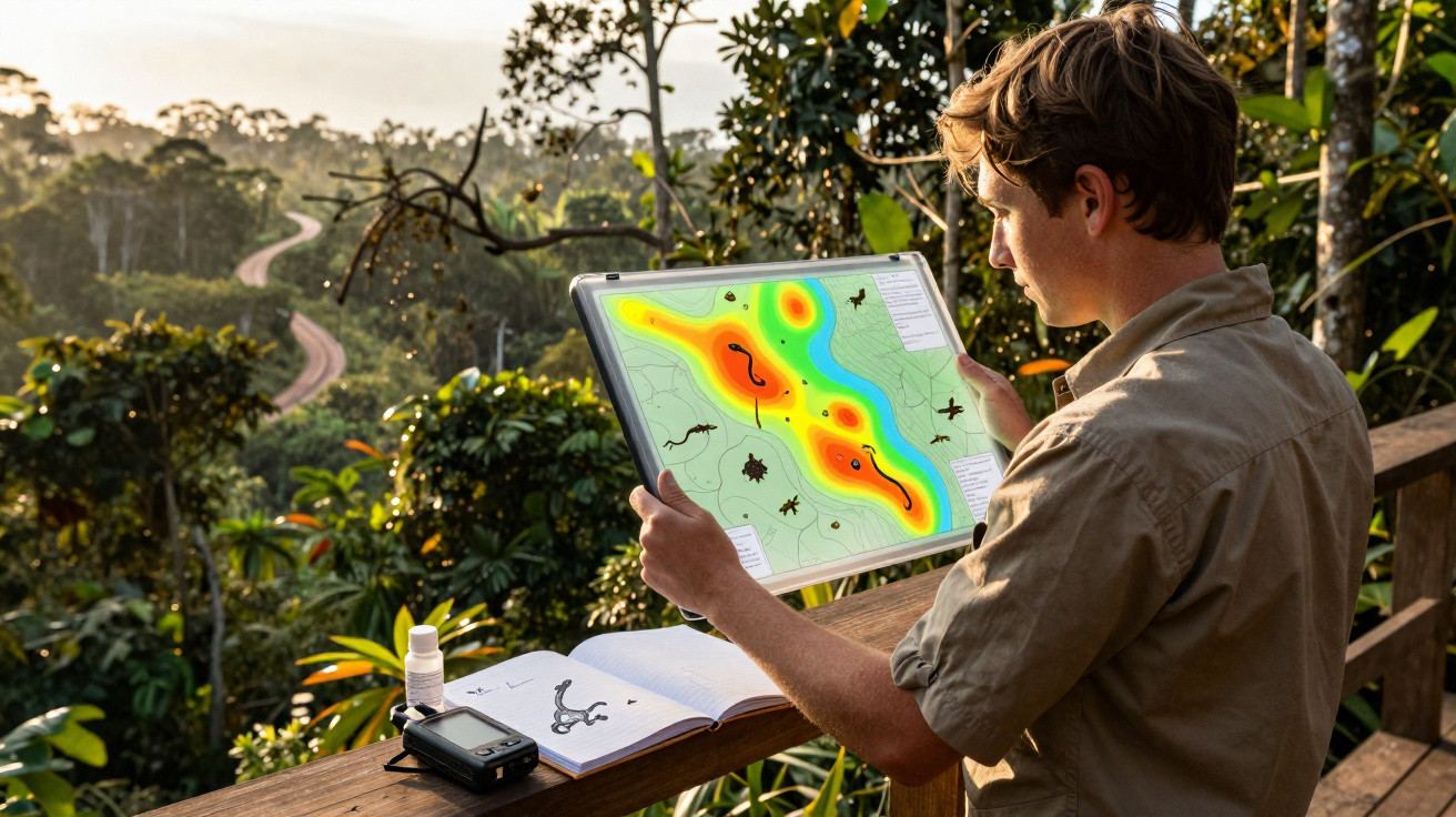 Jovem em área verde usando tablet com mapa térmico ao lado de caderno e equipamento eletrônico sobre madeira.