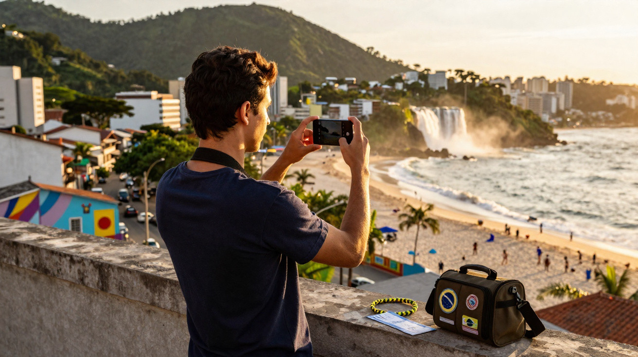 Homem tira foto com celular de cachoeira e praia ao pôr do sol, com bolsa e mapa apoiados em muro.