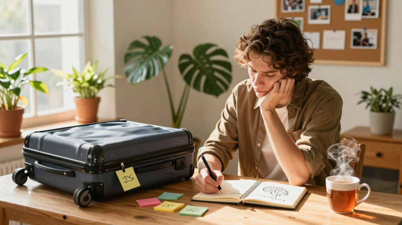 Jovem sentado à mesa escrevendo em caderno, com mala, plantas, post-its coloridos e xícara de chá ao lado.