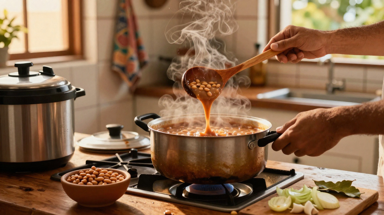 Mãos mexendo feijão quente em panela no fogão com fumaça subindo em cozinha aconchegante.