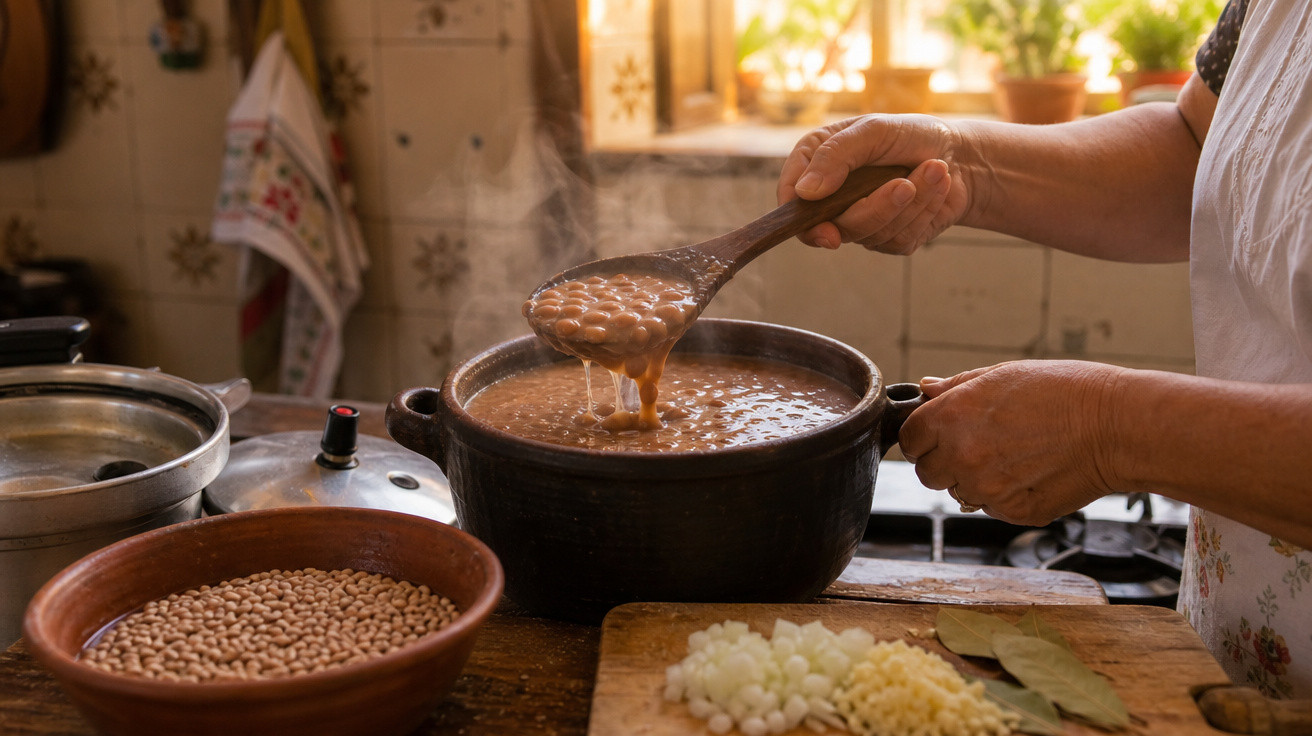 Pessoa mexendo feijão cozido em panela de barro na cozinha caseira com ingredientes à frente.