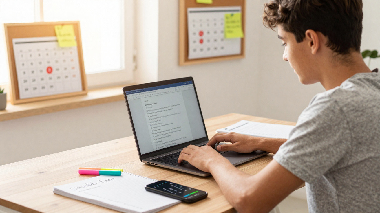 Jovem estudando em laptop numa mesa com caderno, celular e calendário ao fundo.