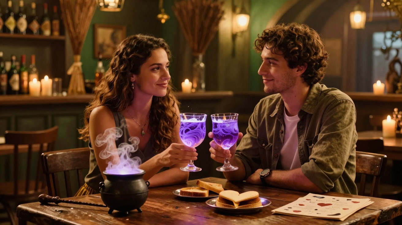 Casal jovem brindando com drinks roxos em ambiente rústico e iluminado por velas.