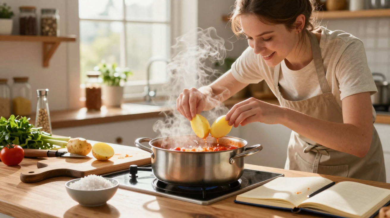 Mulher sorrindo adiciona batatas em panela fumegante em cozinha iluminada e moderna.