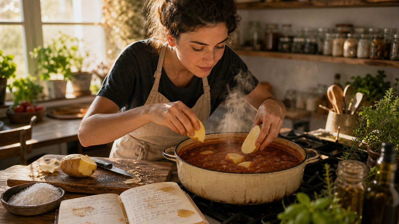 Mulher adiciona batatas em panela com ensopado fumegante na cozinha rústica e iluminada.